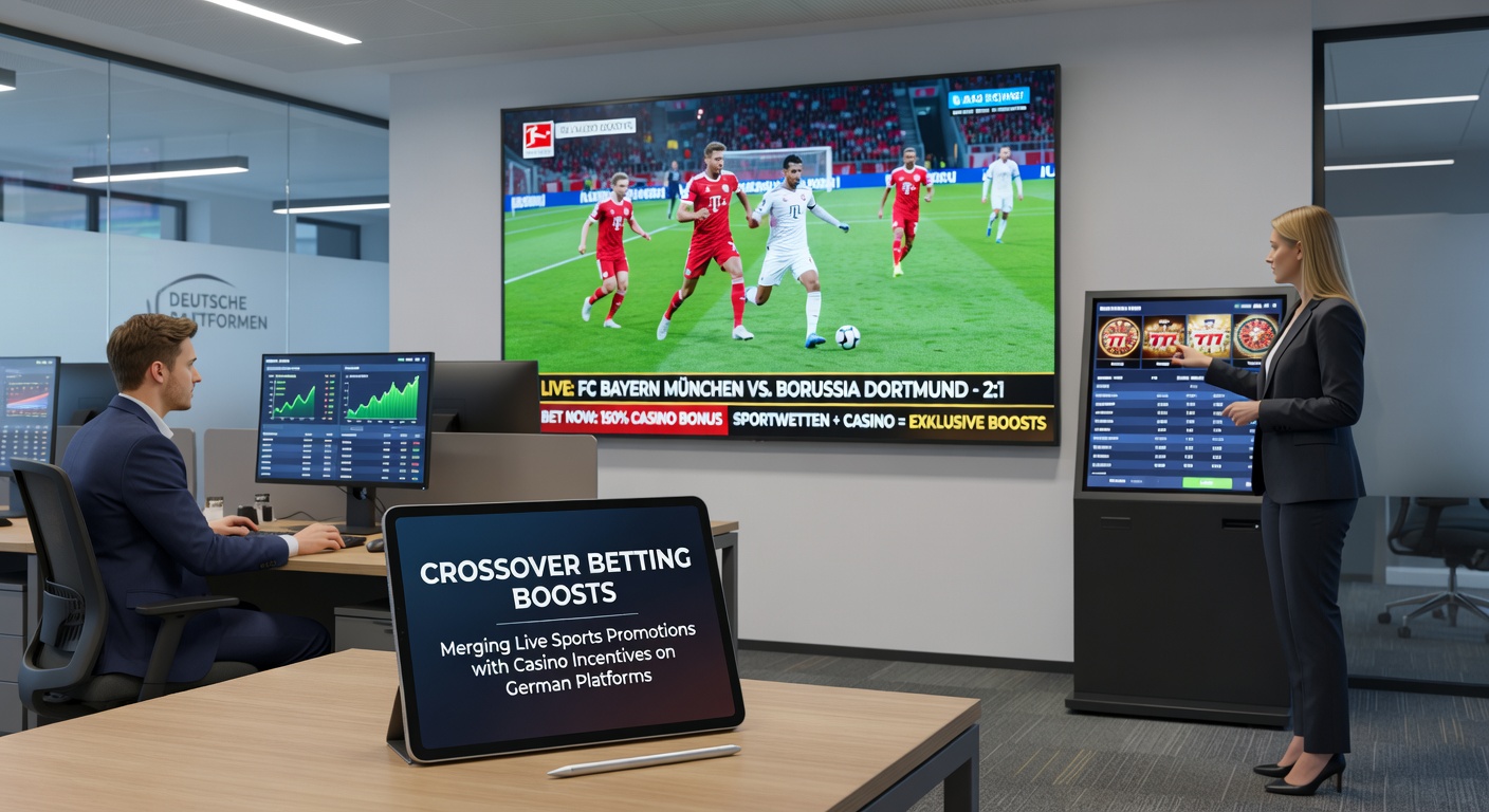 Screenshot einer deutschen Wett-App mit Crossover-Boost, der Live-Fußballwette und Casino-Freispiele kombiniert