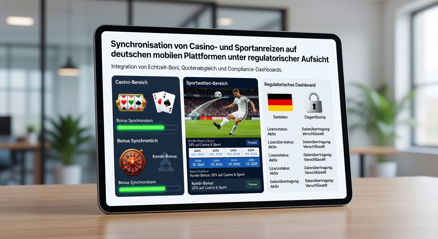 Darstellung einer mobilen App-Oberfläche mit synchronisierten Sport- und Casino-Boni unter deutscher Lizenz